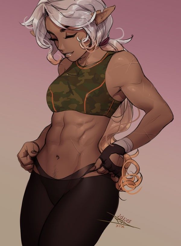 a drawing of a woman with white hair and tattoos on her stomach, wearing black tights