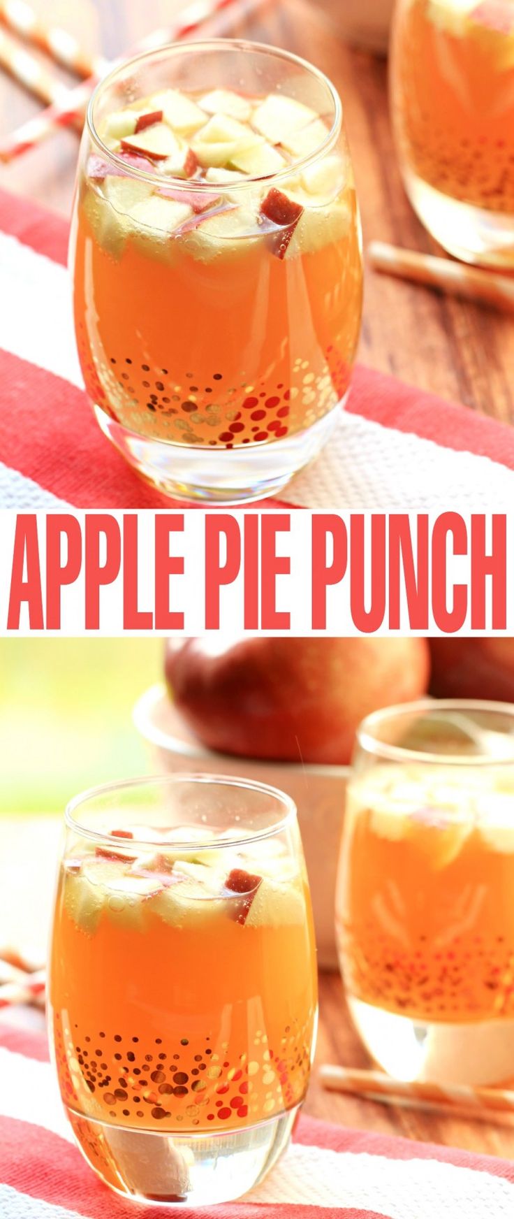 three glasses filled with apple pie punch on top of a table