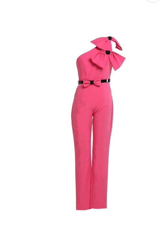 Indulge in timeless elegance with this bright pink jumpsuit, featuring a tailored silhouette complemented by charming bow accents and wide legs. A true embodiment of sophisticated style, this piece is your ultimate choice for both formal occasions and trendy outings. Embrace the fusion of classic and contemporary in one stunning ensemble. Elegant Pink Jumpsuits And Rompers For Summer, Spring Party Jumpsuits And Rompers With Bow, Spring Party Jumpsuit With Bow, Glamorous Pink Jumpsuits And Rompers, Elegant Pink Jumpsuit For Party, Chic Summer Jumpsuits And Rompers With Bow, Fitted Summer Jumpsuits And Rompers With Bow, Chic Pink Jumpsuits For Night Out, Pink Fitted Jumpsuit For Formal Occasions