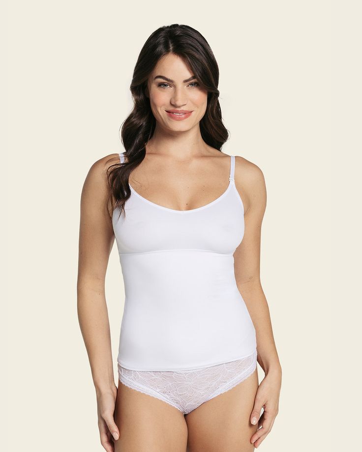 2-Way shaper cami#color_000-white Stretch Camisole With Built-in Bra For Layering, White Tank Top With Built-in Bra For Layering, Supportive White Tops, White Seamless Tank Top For Layering, Supportive Seamless Camisole Top, Shaping Cami Tops, Stretch Camisole For Layering, Versatile Fitted Seamless Camisole, Compressive Tank Top With Built-in Bra