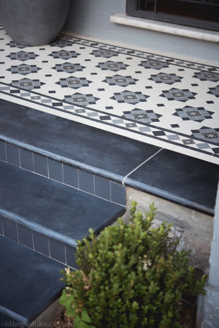 an outdoor stair case with black and white tiles on the steps, next to a potted plant