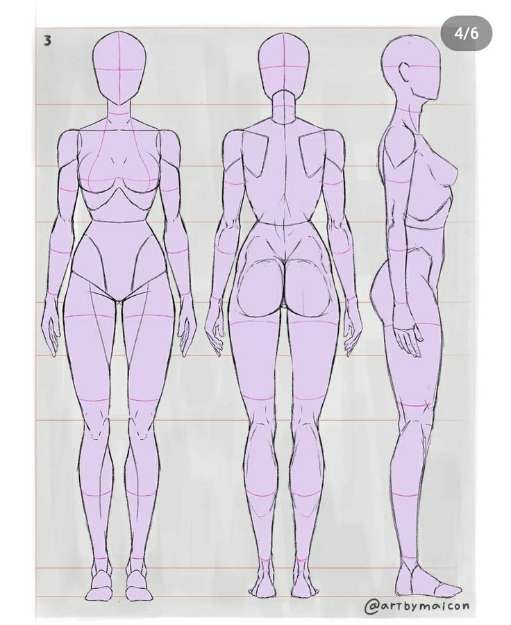 an image of a woman's body in three different positions, with the top half drawn