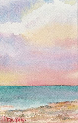 a watercolor painting of the ocean at sunset with pink and blue clouds in the background