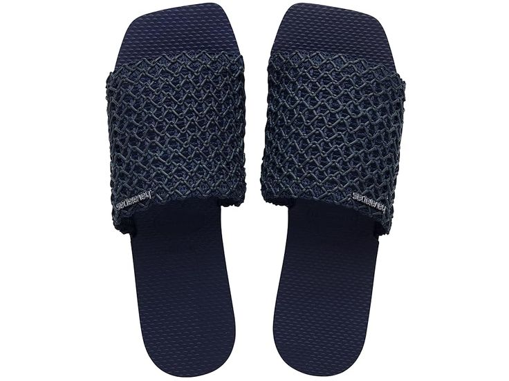 Havaianas You Cannes Sandals - Women's Sandals : Navy Blue : Spice up your basics and enjoy unwavering comfort during walks wearing the Havaianas You Cannes Sandals. Coming in an easy slip-on fit, the shoes boast a wide upper band made of rubber which is beautifully designed in a braided straw-like weave and highlights a branded accent. These are framed in an open square toe silhouette, lending a contemporary note to your look. Unlined. Padded rubber footbed. Rubber outsole. Made in Brazil. Measurements: Weight: 4.24 oz Product measurements were taken using size EU 37-38 (US Men's 5-6, Women's 7-8), width M. Please note that measurements may vary by size. Made In Brazil, Us Man, Spice Up, Women's Sandals, Cannes, Spice Things Up, Womens Sandals, Highlights, Navy Blue