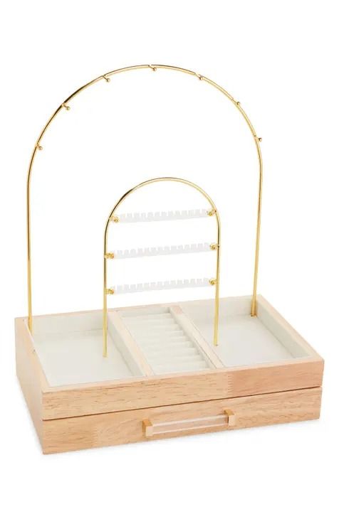 a wooden jewelry box with an arch on the top and two trays underneath it