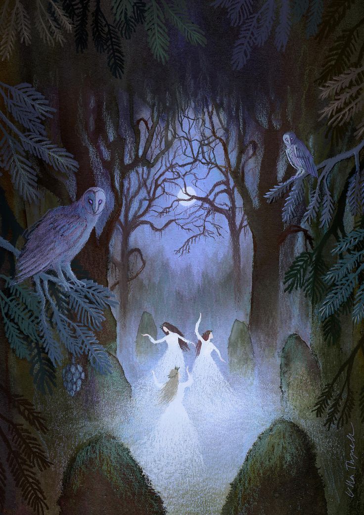 an image of two people dancing in the woods with birds on their backs and trees behind them