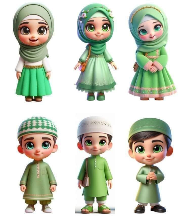 some cartoon characters are dressed in green and white outfits, including one wearing a headscarf