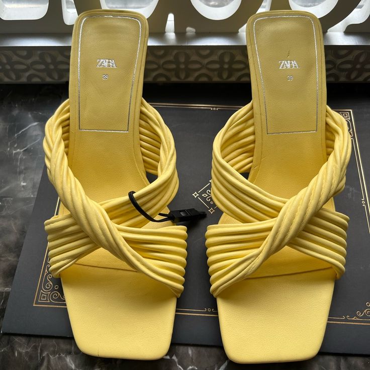 Brand New Zara Sandal Size 39(8)Never Worn Few Blemishes From Store Wear But Not Noticeable See Pictures Yellow Evening Sandals For Spring, Summer Flat Mules With Padded Heel, Yellow Wrapped Heel Sandals For Summer, Yellow Synthetic Sandals For Evening, Elegant Yellow Heels For Beach, Elegant Yellow Heels For The Beach, Zara Mules With Padded Heel For Spring, Zara Flat Heel Mules For Spring, Zara Synthetic Mules For Spring