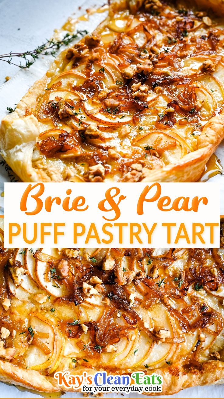 brie and pea puff pastry tart with text overlay