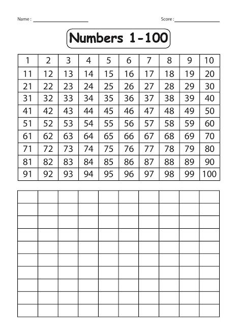 the numbers 1 to 100 worksheet is shown in black and white, with one hundred