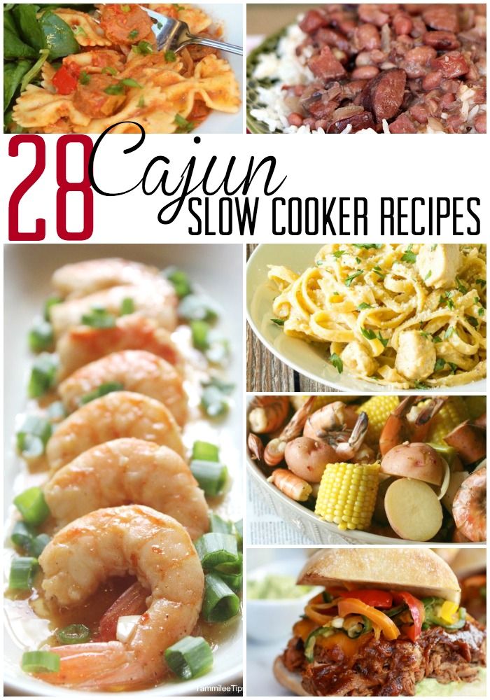 collage of images with text overlay that reads 28 cajun slow cooker recipes