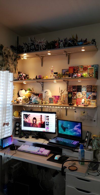 two computer monitors sitting on top of a desk in front of shelves filled with toys