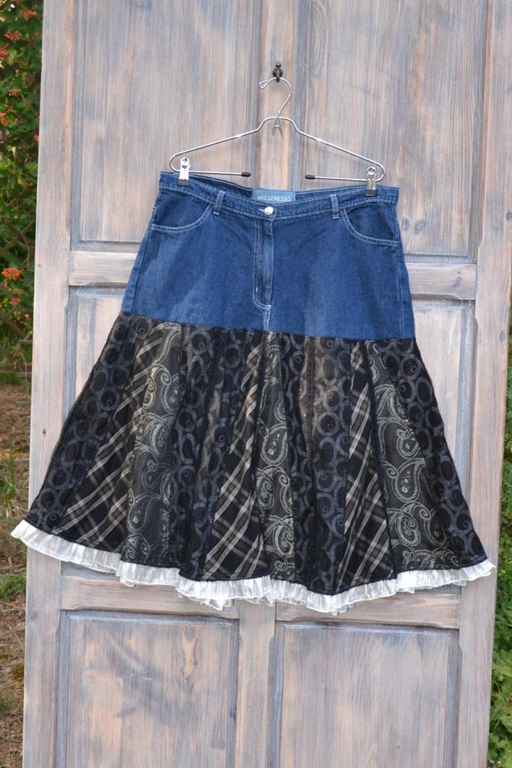 Romantic hippie folk skirt recycling | Etsy Hippie Festival Skirt For Fall, Hippie Skirt For Fall Festivals, Hippie Patchwork Fitted Skirt, Hippie Fitted Patchwork Skirt, Folk Skirt, Jeans And Lace, Womens Skirts, Cotton Jeans, Fashion Diy