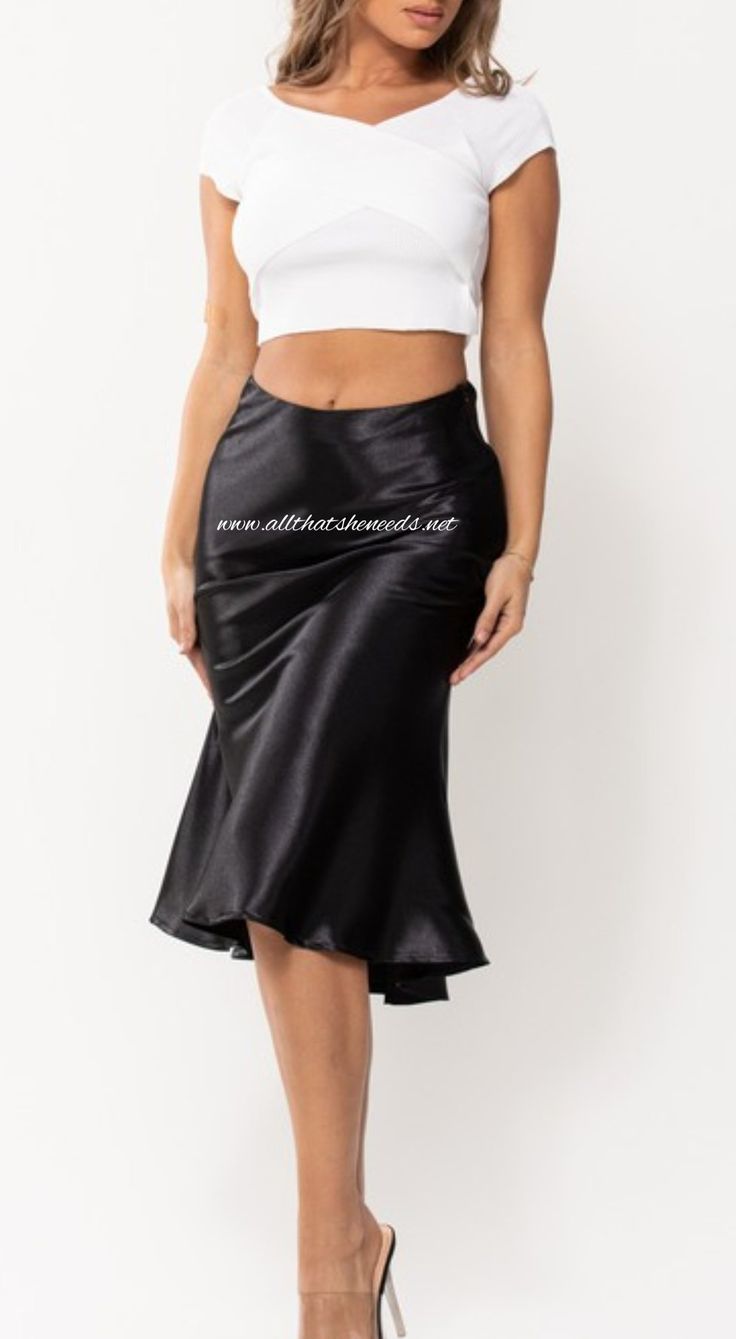 SOLID SATIN FLOWY MIDI SKIRT w/SIDE WAIST ZIPPER 100% Polyester Satin Midi Bottoms For Party, Satin Midi-length Party Bottoms, Satin Midi-length Bottoms For Party, Satin Party Bottoms Midi Length, Satin Midi Skirt For Date Night, Party Satin Bottoms Midi Length, Spring Date Night Satin Skirt, Sleek Party Midi Skirt, Spring Satin Skirt For Night Out