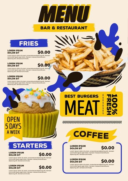 a menu for a fast food restaurant with an image of a cupcake and fries