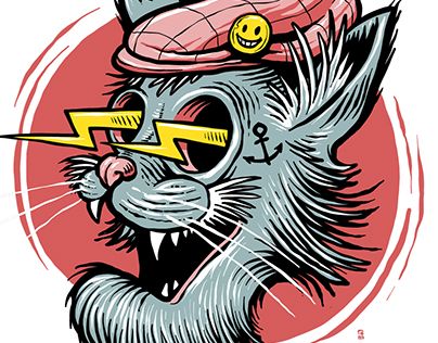 a drawing of a cat wearing a hat and sunglasses with lightning bolt coming out of its mouth