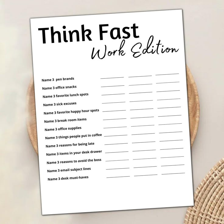 the printable think fast work edition worksheet is next to a straw hat