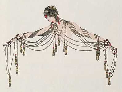 an illustration of a woman with many necklaces on her back