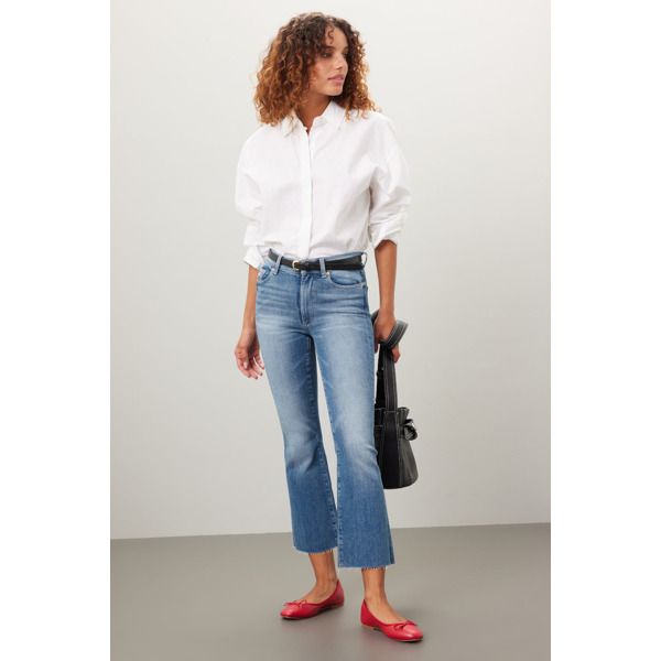 Blue denim (93% Cotton, 6% Elastrell-P, 1% Elastane). Jeans. Front button fly closure. 27" inseam. 10% rise. Imported. Straight Leg Jeans With Button Closure For Business Casual, High Rise Flare Jeans In Medium Wash For Work, Casual Button-up Jeans For Everyday, Denim Flare Jeans For Everyday Spring Wear, Everyday Denim Flare Jeans For Spring, Everyday Flare Denim Jeans For Spring, Light Wash Button-up Bottoms For Work, Mid-rise Cropped Jeans Medium Wash For Work, Trendy Medium Wash Cropped Jeans For Work