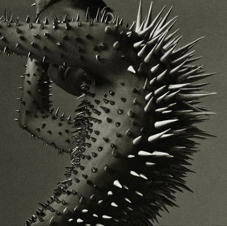 a black and white photo of a cactus with spikes on it's back legs