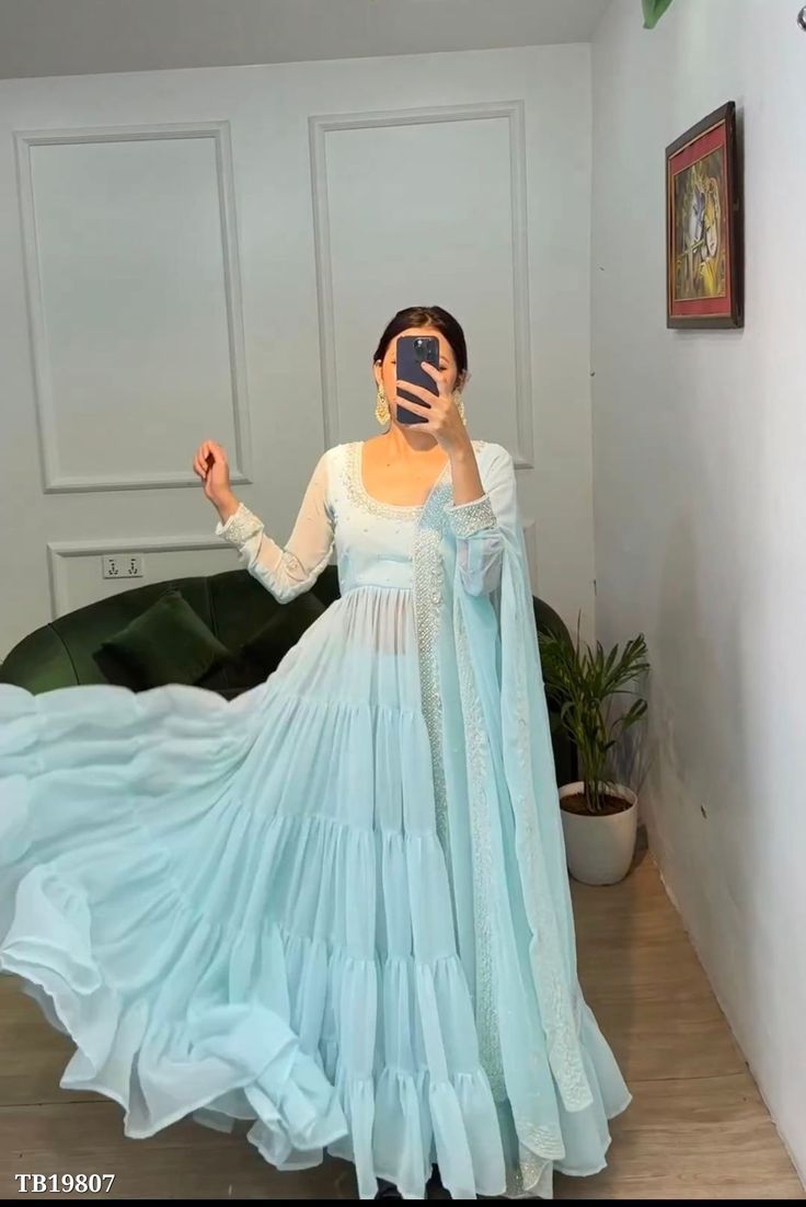 For price or more details DM me Blue Anarkali Dress, Frill Gown, Traditional Dresses Indian, Ramzan Eid, Kurta With Dupatta, Blue Anarkali, Blue Colour Dress, Desi Dress, Gown With Dupatta