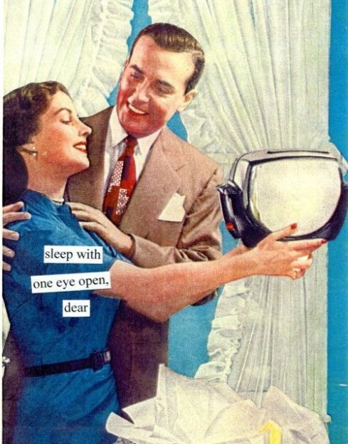 an old man is holding a woman's head with her hand and the caption reads, sleep with one eye open dear