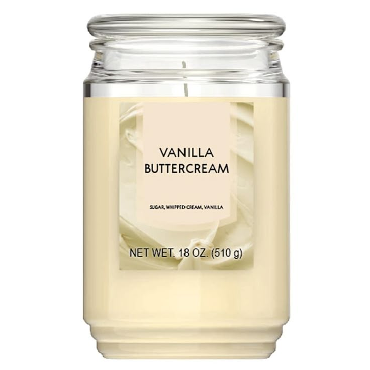 vanilla buttercream candle in a glass jar on a white background with the words vanilla buttercream