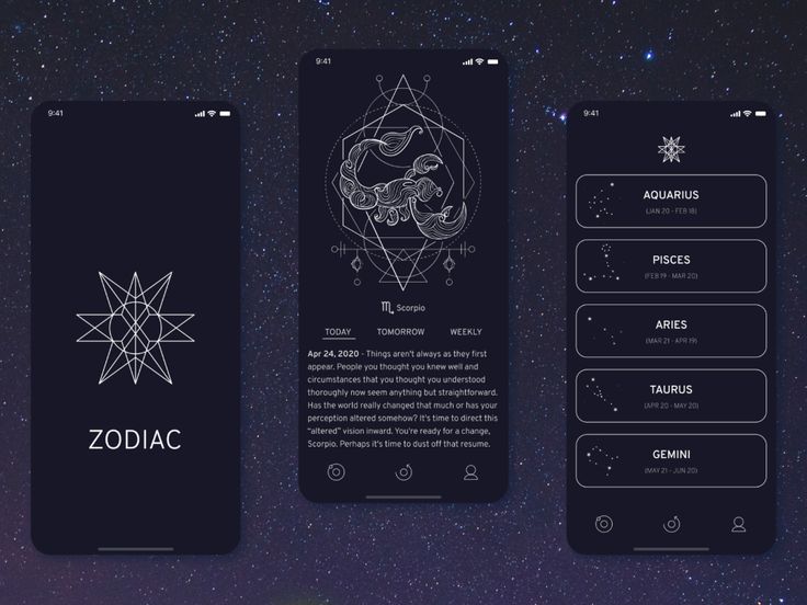 three screens showing the zodiac symbols and astrologicals, with stars in the background