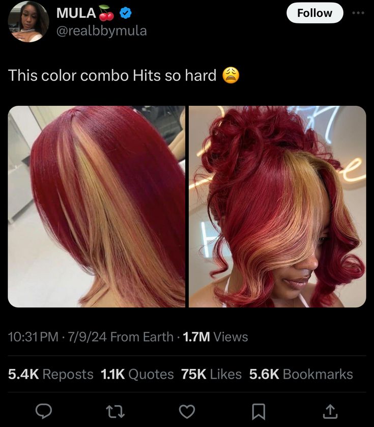 Red Bob With Blonde Highlights, Honey Blonde And Burgundy Hair, Burgundy Hair With Blonde Skunk Stripe, Red And Brown Hair Black Women, Fall Dyed Hair Black Women, Burgundy And Blonde Hair Black Women, Burgundy And Orange Hair, Locs Color Combo, Fall Hair Colors Highlights