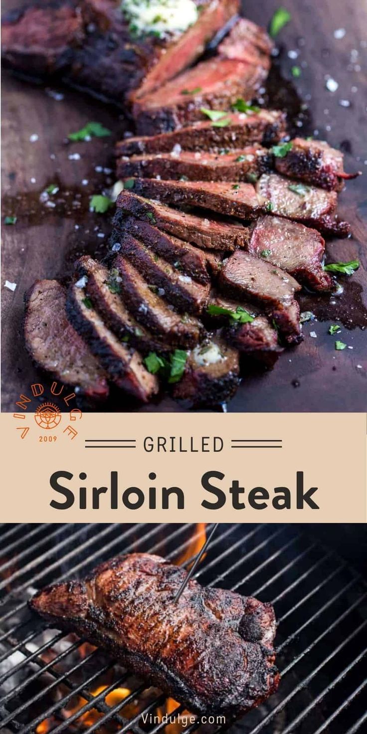 grilled steak on the grill with text overlay that reads grilled sirin steak