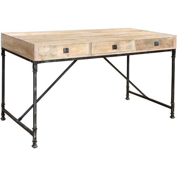 a wooden table with two drawers on one side and metal legs, against a white background