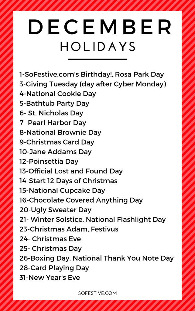 a red and white holiday list with the words december holidays written in black on it