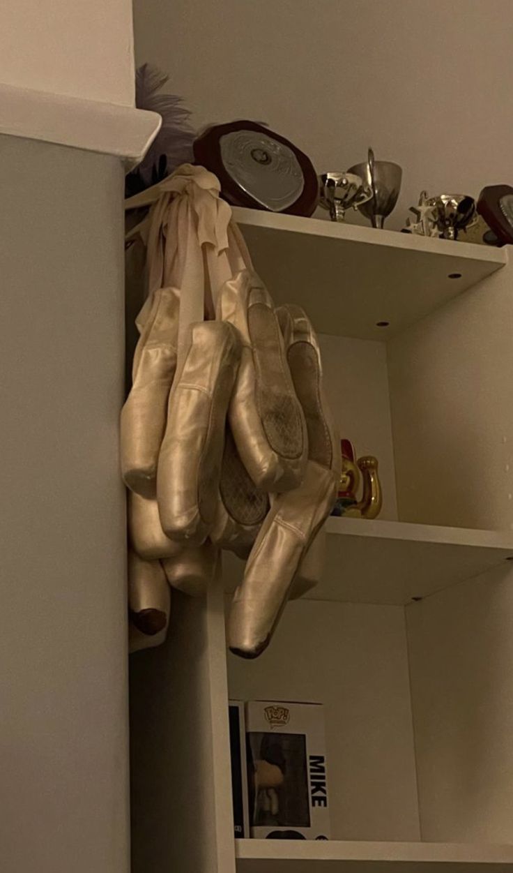 there are many pairs of ballet shoes hanging on the wall in this room with shelves