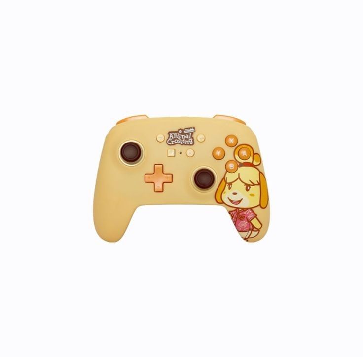 a yellow nintendo wii game controller with a girl on it's face and two buttons