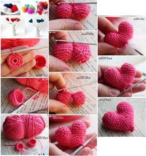 crocheted hearts are being made with yarn