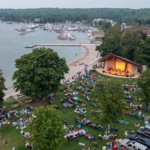 an aerial view of a group of people sitting on the grass in front of a body of water