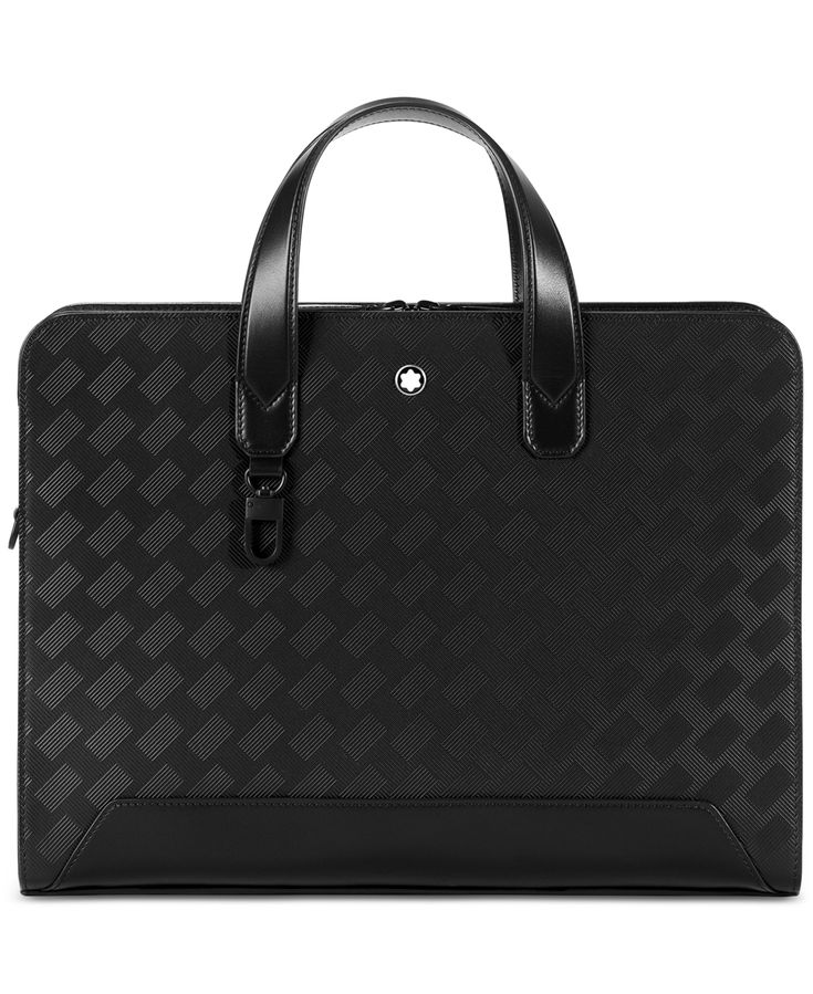 a black briefcase with handles and straps on the bottom, in front of a white background