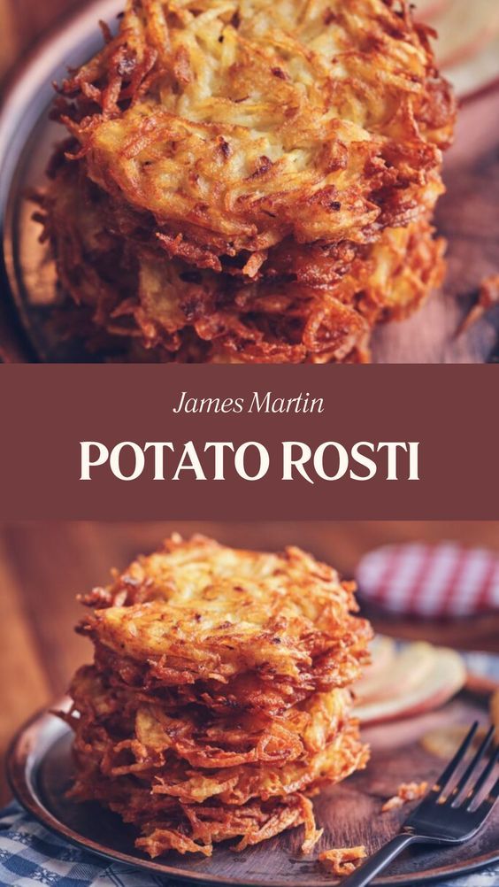 some food is stacked on top of each other with the words potato rosti above it