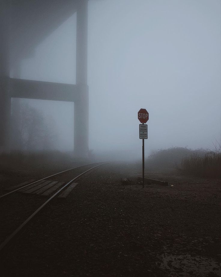 a stop sign in the middle of a foggy field with train tracks on it