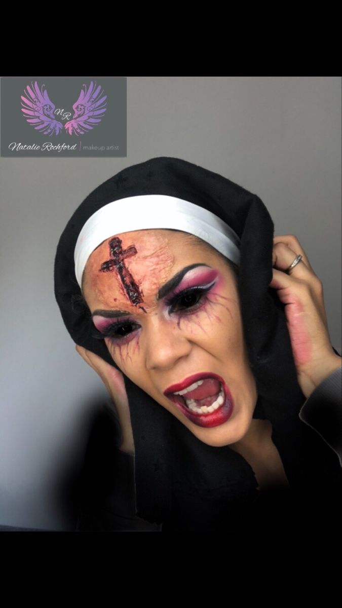 Wound Halloween Makeup, Silent Hill Nurse Makeup, Halloween Nun Costume Makeup, Nun Costume Makeup, Nun Makeup Halloween, Scary Nun Makeup, Wound Makeup Face, Halloween Makeup Wounds, Satanic Makeup