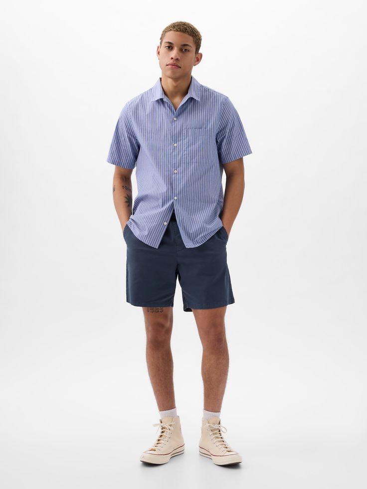 Smooth cotton-blend woven shorts.  Elasticized waist with drawcords.  Front slant pockets, back welt pockets.  This product was made in a factory that invests in gender equality and women’s empowerment.  Through RISE Reimagining Industry to Support Equality) and Gap Inc. ’s program P. A. C. E.  Personal Advancement & Career Enhancement), we support people who make our clothes to build the skills, knowledge, confidence, and resilience needed to advance in work and life.  Learn more here.  * Fit: Relaxed Fit Bermuda Shorts With Welt Pockets For Summer, Relaxed Fit Summer Shorts With Welt Pockets, Summer Shorts With Relaxed Fit And Welt Pockets, Gap Cotton Shorts With Elastic Waistband, Gap Cotton Shorts With Pockets, Casual Bermuda Shorts With Welt Pockets For Summer, Gap Relaxed Fit Cotton Shorts, Gap Relaxed Cotton Shorts, Casual Relaxed Fit Bermuda Shorts With Welt Pockets