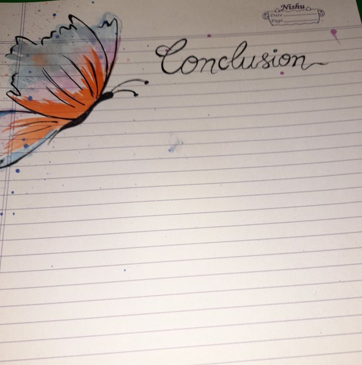 a piece of lined paper with an orange butterfly on it and the words conclusion written in cursive writing