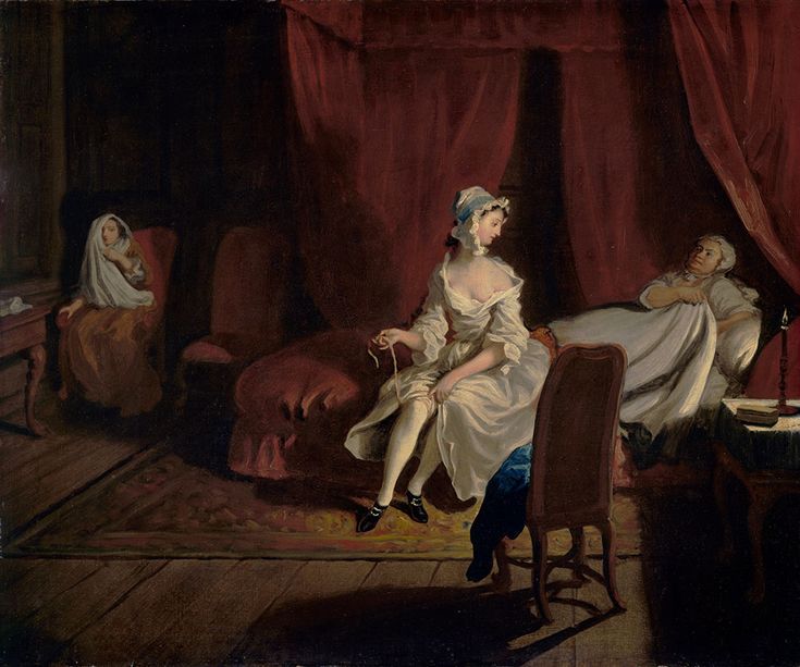 a painting of a woman sitting on a chair in a room with two other women