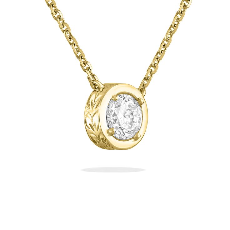 14K Yellow Gold Maile Scroll Necklace with a 1/2 Carat I SI2 Solitaire Diamond. The necklace measures approximately 17". Formal Heirloom Necklace Stamped 14k, Elegant Oval 14k Stamped Necklace, Luxury 14k Yellow Gold Diamond Necklace, Heirloom White Gold Oval Pendant Necklace, Classic 14k Gold Diamond Necklace, Formal 14k Gold Pendant Necklace, Classic 14k Stamped Diamond Necklace For Formal Events, Heirloom Pendant Necklace For Formal Occasions, Luxury Gold Solitaire Necklace For Anniversary