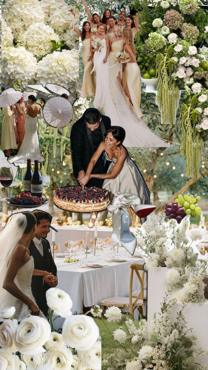 a collage of wedding pictures with bride and groom cutting the cake at their reception