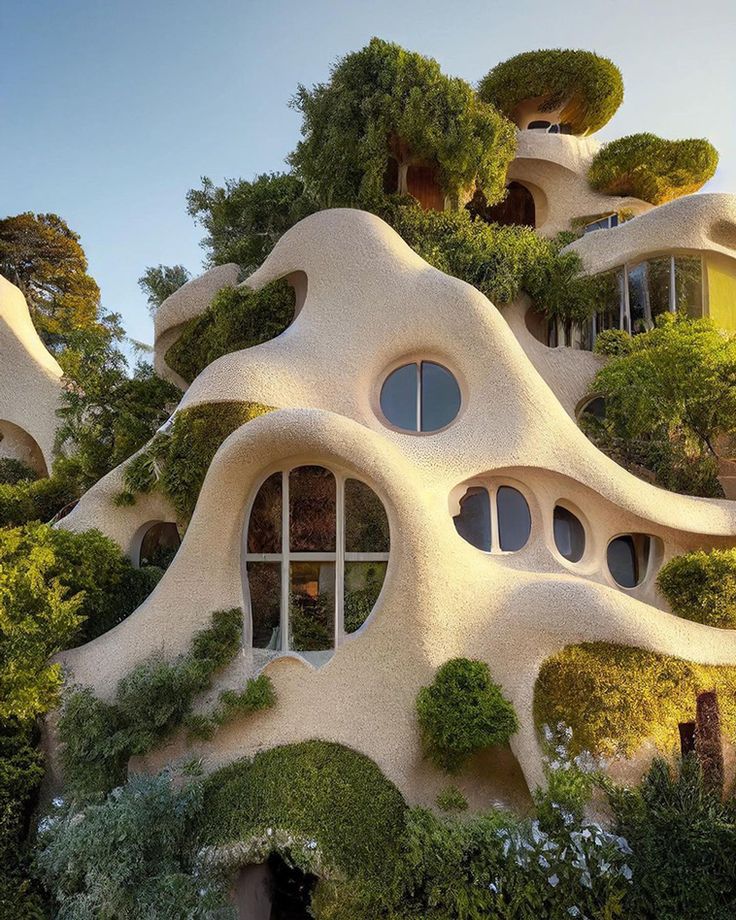 an unusual house with trees growing on it