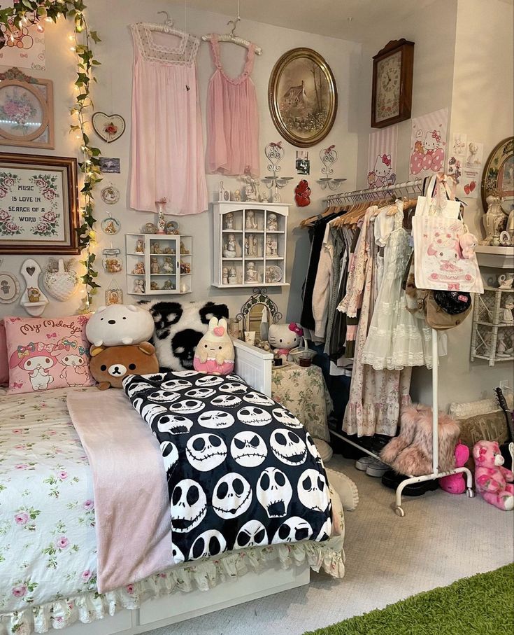 a bedroom decorated in pink, white and black with lots of stuffed animals on the bed