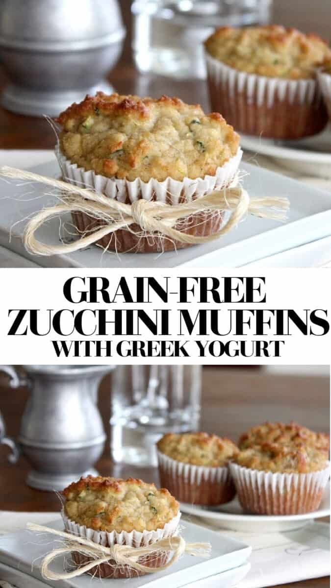 two muffins are sitting on top of each other with the words grain free zucchini muffins written below them