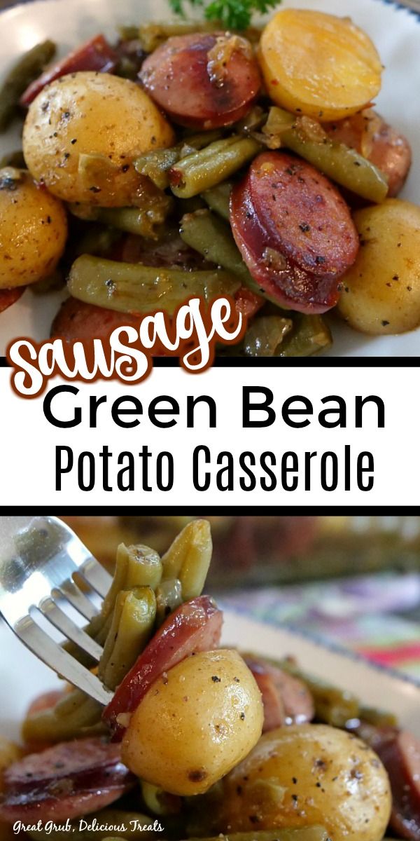 sausage and green bean potato casserole is shown on a plate with a fork