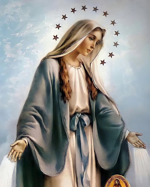 a painting of the virgin mary holding her hands out in front of stars on a blue sky background